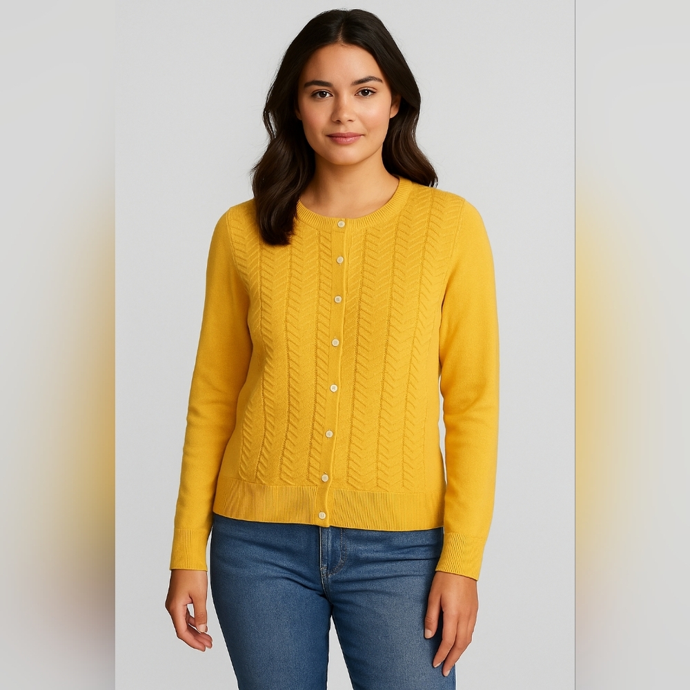 Lands' End Golden Supima Cotton cable Button-up Chevron Cardigan XL